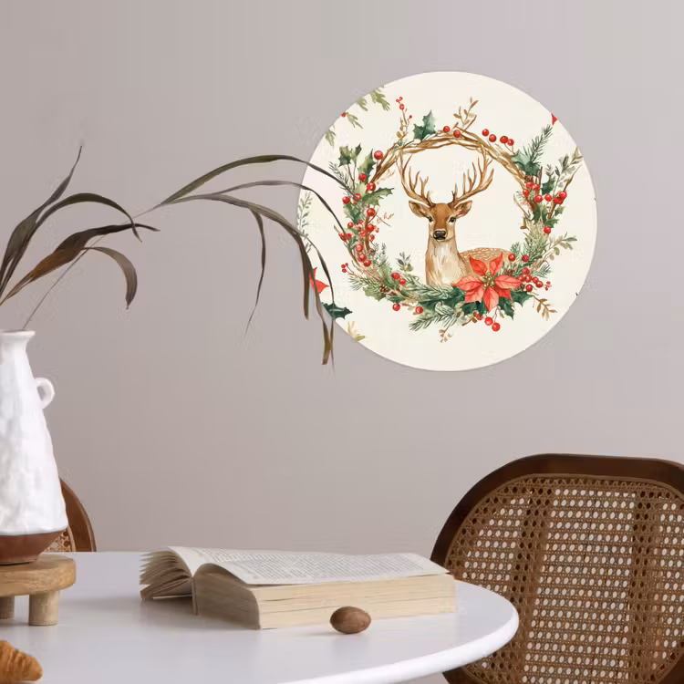 Kerstkrans - Hert - Hulst - Rood Wandcirkel behangsticker klein -sfeer3