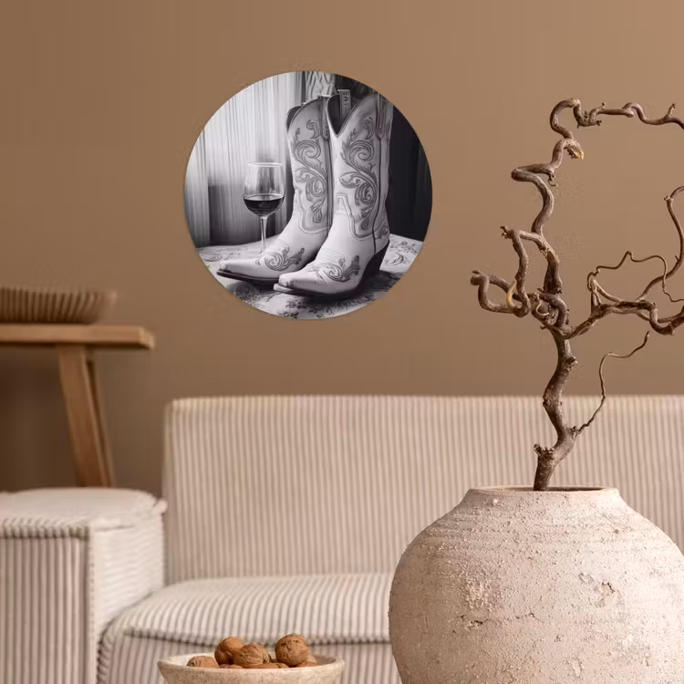Wijn - Cowboylaarzen - Raamlicht - Wit Wandcirkel behangsticker klein -sfeer1