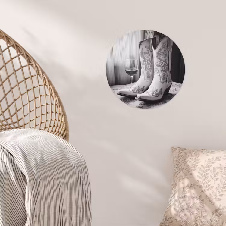 Wijn - Cowboylaarzen - Raamlicht - Wit Wandcirkel behangsticker klein -sfeer4