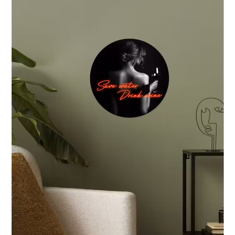 Wijn - Vrouw - Neon - Quote Wandcirkel behangsticker klein -sfeer2