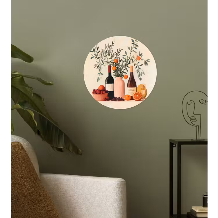 Wijnflessen - Takken - Sinaasappels Wandcirkel behangsticker klein -sfeer2
