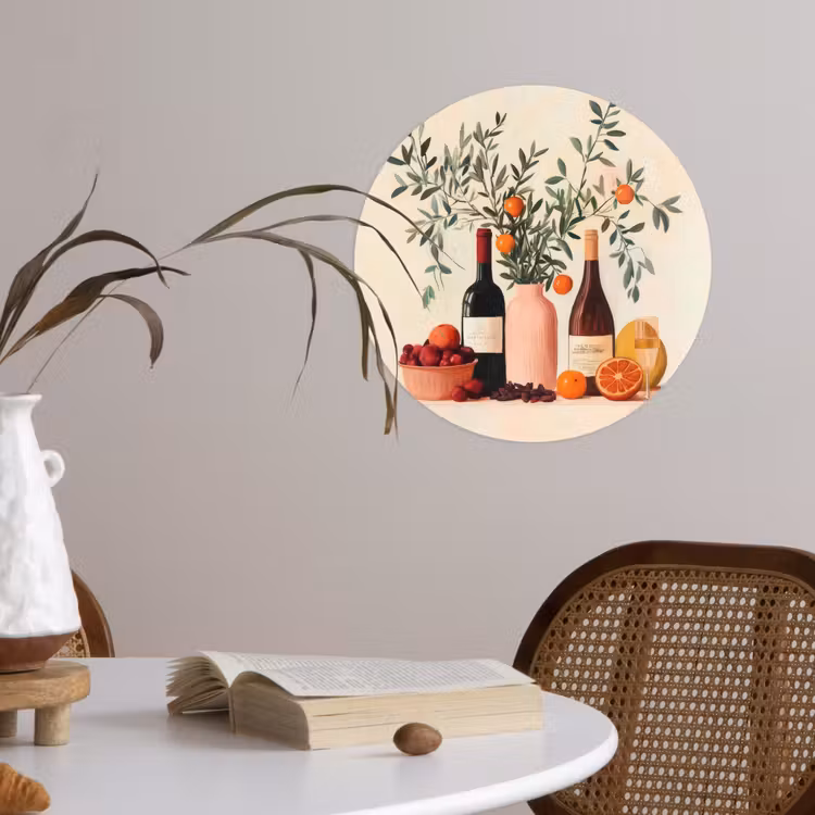 Wijnflessen - Takken - Sinaasappels Wandcirkel behangsticker klein -sfeer3