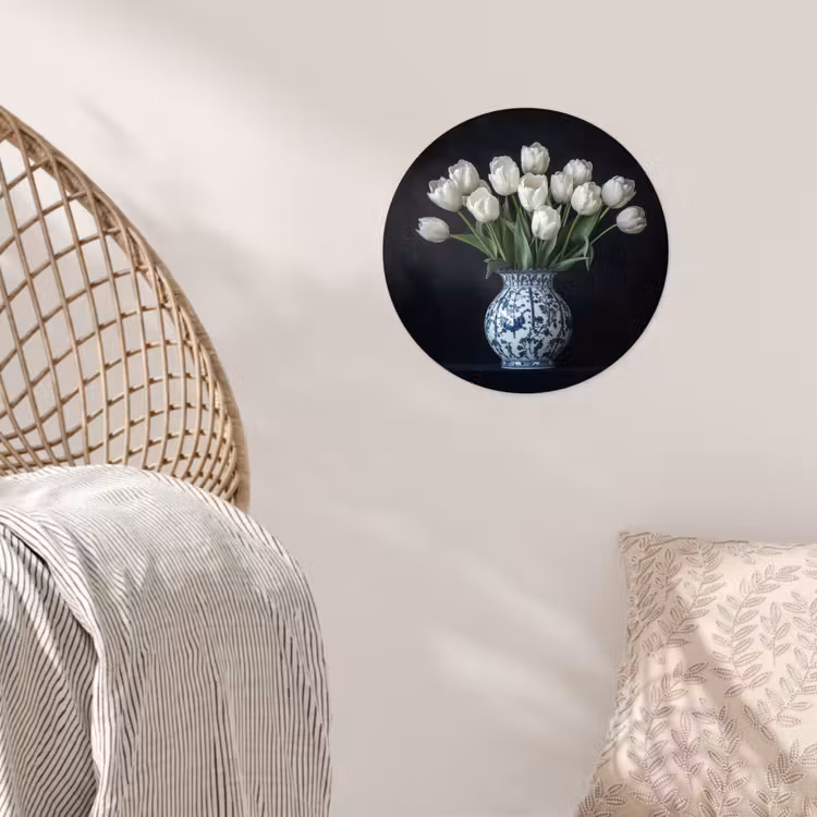 Wit - Bloemen - Tulpen - Vaas Wandcirkel behangsticker klein -sfeer4