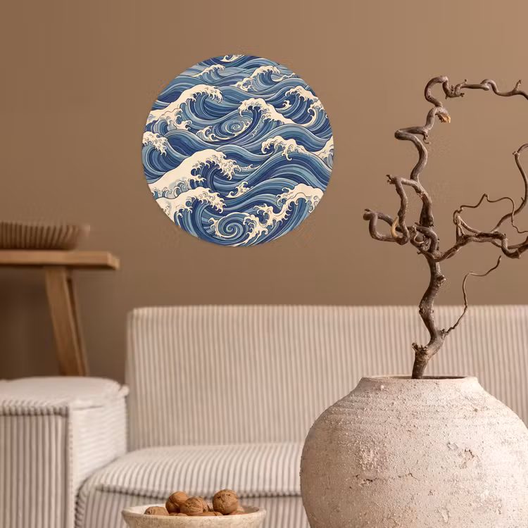 Golven - Zee - Natuur - Abstract - Blauw Wandcirkel behangsticker klein -sfeer1