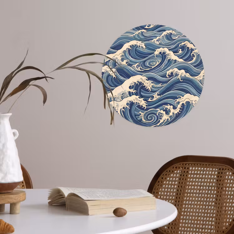 Golven - Zee - Natuur - Abstract - Blauw Wandcirkel behangsticker klein -sfeer3