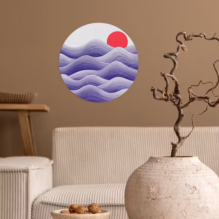 Golven - Zon - Natuur - Abstract - Rood Wandcirkel behangsticker klein -sfeer1