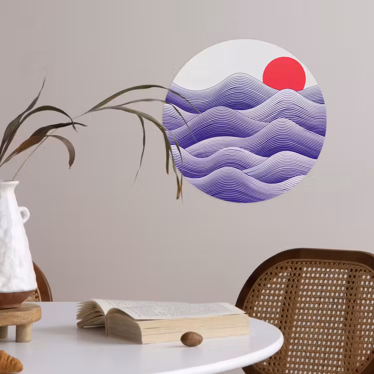 Golven - Zon - Natuur - Abstract - Rood Wandcirkel behangsticker klein -sfeer3