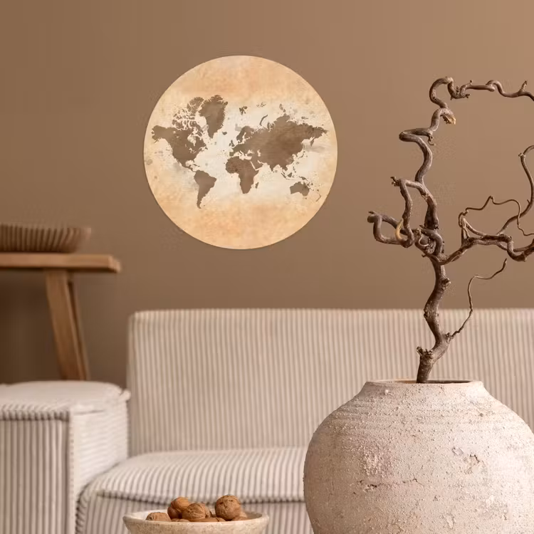 Wereldkaart - Beige - Bruin Wandcirkel behangsticker klein -sfeer1