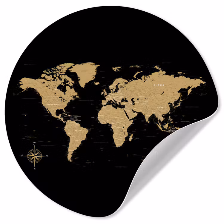 Wereldkaart - Beige - Zwart Wandcirkel behangsticker klein -3d