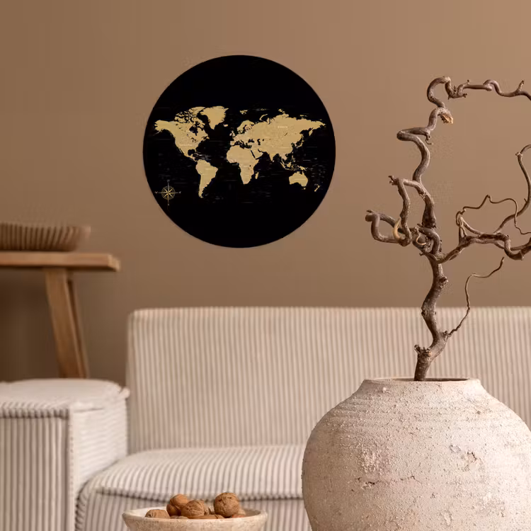 Wereldkaart - Beige - Zwart Wandcirkel behangsticker klein -sfeer1