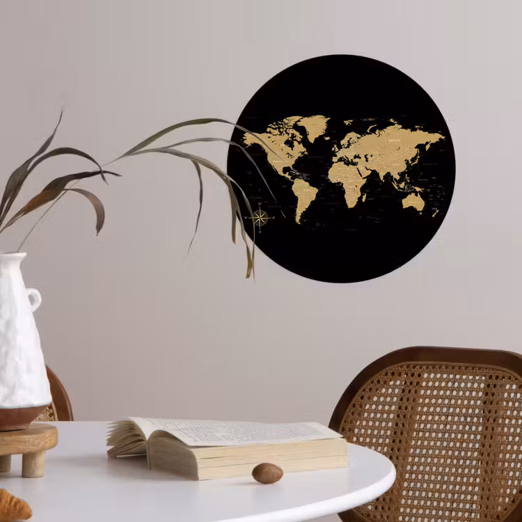 Wereldkaart - Beige - Zwart Wandcirkel behangsticker klein -sfeer3