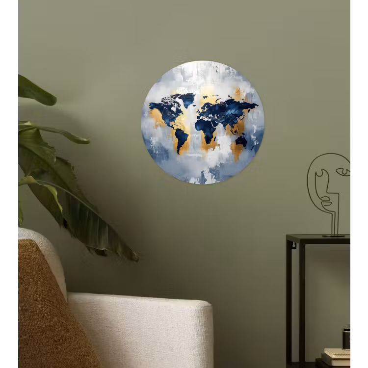 Wereldkaart - Blauw - Abstract Wandcirkel behangsticker klein -sfeer2