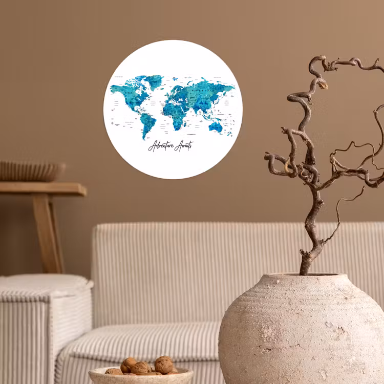 Wereldkaart - Blauw - Kleurrijk Wandcirkel behangsticker klein -sfeer1