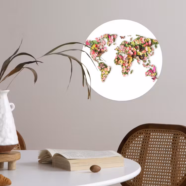 Wereldkaart - Bloemen - Felgekleurd Wandcirkel behangsticker klein -sfeer3