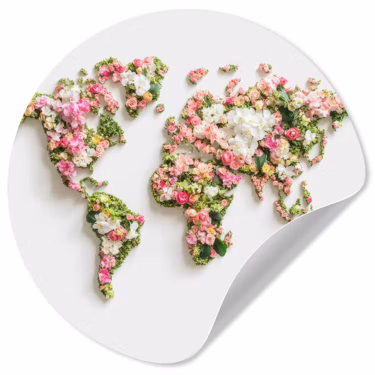 Wereldkaart - Bloemen - Subtiel Wandcirkel behangsticker klein -3d
