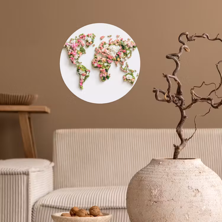 Wereldkaart - Bloemen - Subtiel Wandcirkel behangsticker klein -sfeer1