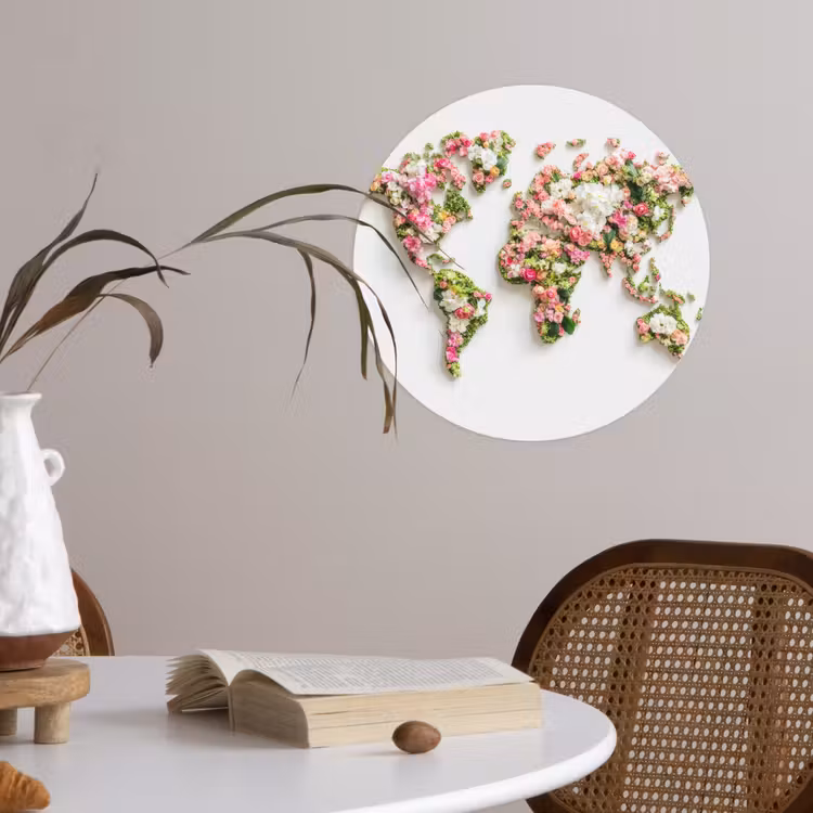 Wereldkaart - Bloemen - Subtiel Wandcirkel behangsticker klein -sfeer3
