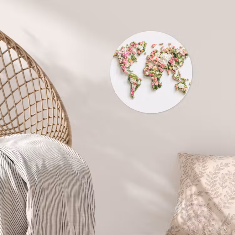 Wereldkaart - Bloemen - Subtiel Wandcirkel behangsticker klein -sfeer4