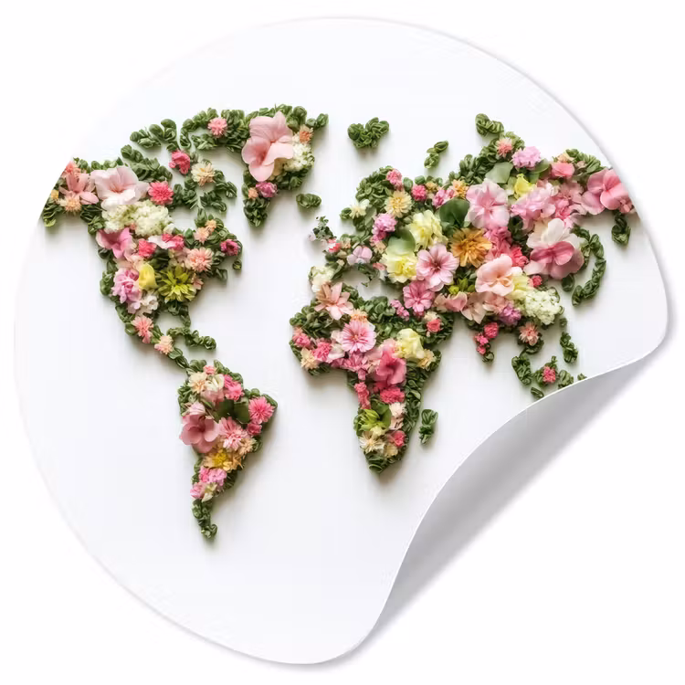 Wereldkaart - Kleurrijk - Bloemen - Lente Wandcirkel behangsticker klein -3d