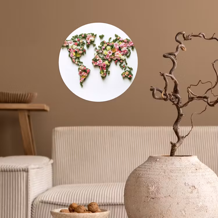 Wereldkaart - Kleurrijk - Bloemen - Lente Wandcirkel behangsticker klein -sfeer1