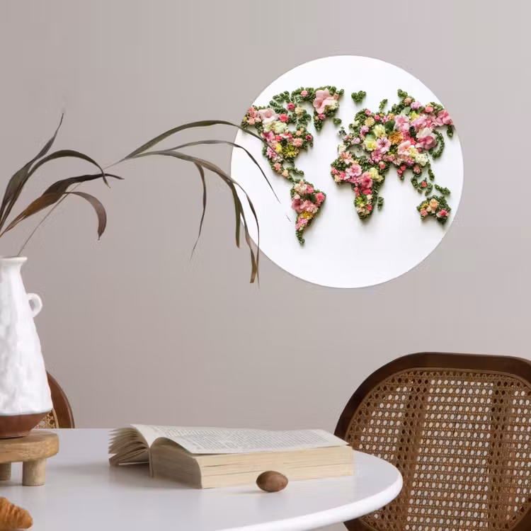 Wereldkaart - Kleurrijk - Bloemen - Lente Wandcirkel behangsticker klein -sfeer3