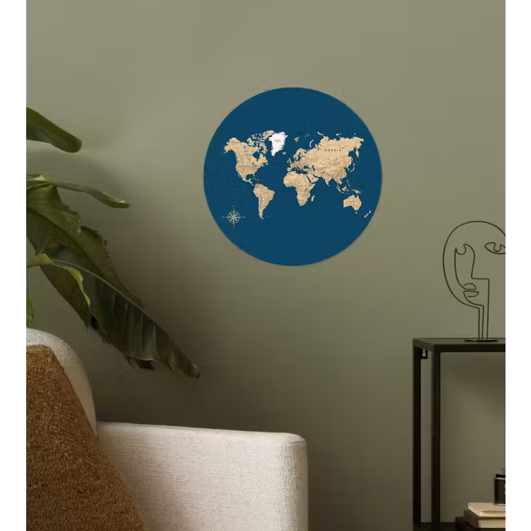 Wereldkaart - Donkerblauw - Beige Wandcirkel behangsticker klein -sfeer2
