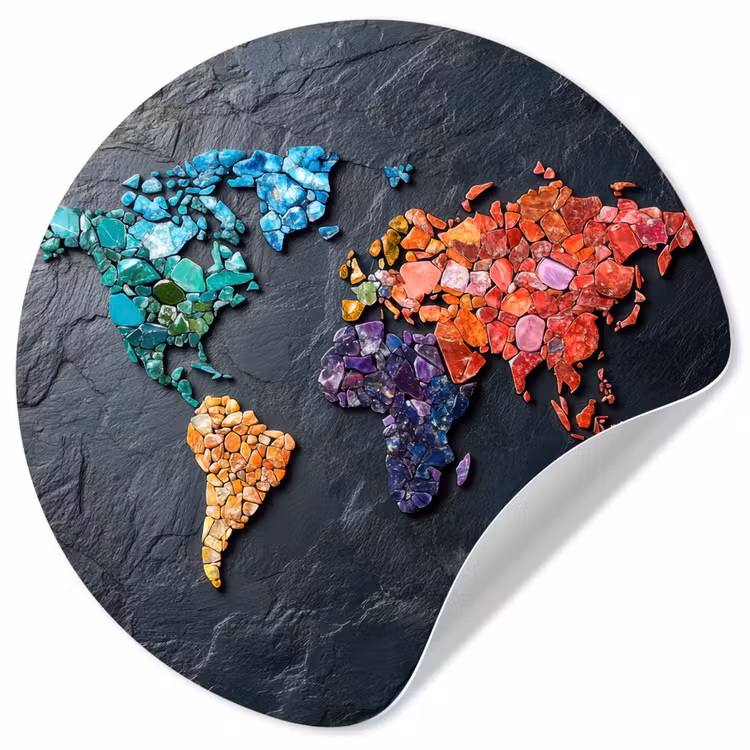 Wereldkaart - Edelstenen - Regenboog - Ruw Wandcirkel behangsticker klein -3d
