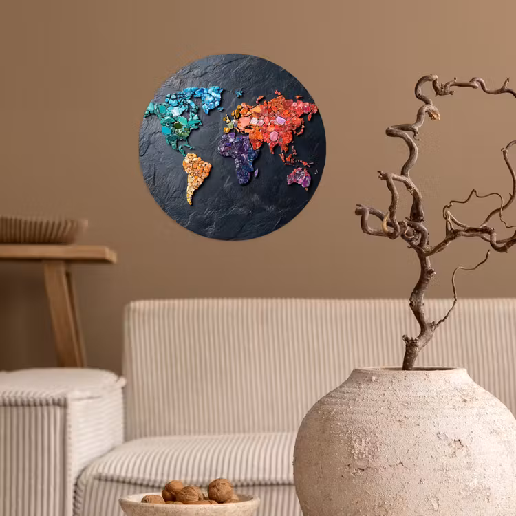 Wereldkaart - Edelstenen - Regenboog - Ruw Wandcirkel behangsticker klein -sfeer1