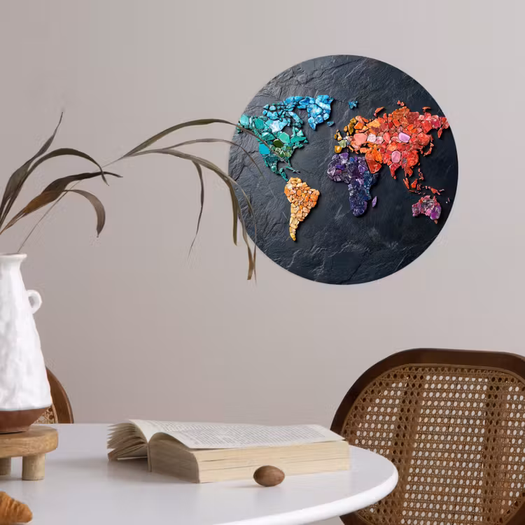 Wereldkaart - Edelstenen - Regenboog - Ruw Wandcirkel behangsticker klein -sfeer3