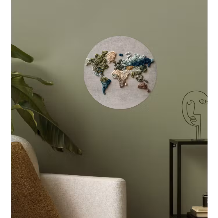 Wereldkaart - Geborduurd - Aardetinten Wandcirkel behangsticker klein -sfeer2