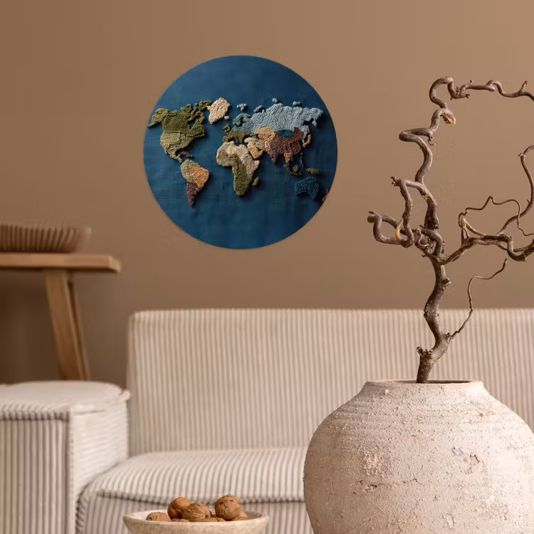 Wereldkaart - Geborduurd - Verschillende tinten Wandcirkel behangsticker klein -sfeer1