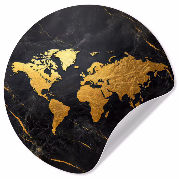 Wereldkaart - Goud - Marmer Wandcirkel behangsticker klein -3d