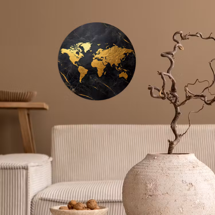 Wereldkaart - Goud - Marmer Wandcirkel behangsticker klein -sfeer1