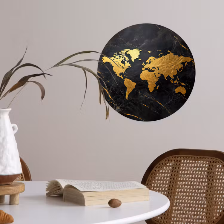 Wereldkaart - Goud - Marmer Wandcirkel behangsticker klein -sfeer3