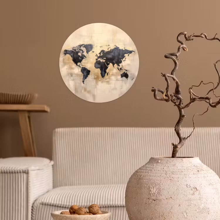 Wereldkaart - Goud - Zwart - Abstract Wandcirkel behangsticker klein -sfeer1