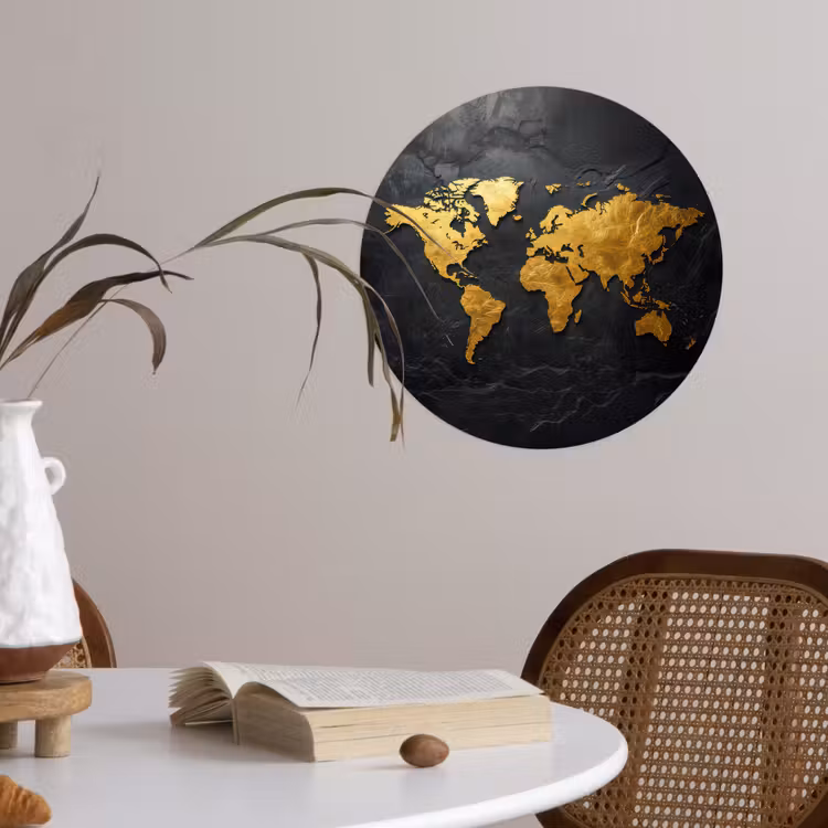 Wereldkaart - Goud - Steen Wandcirkel behangsticker klein -sfeer3
