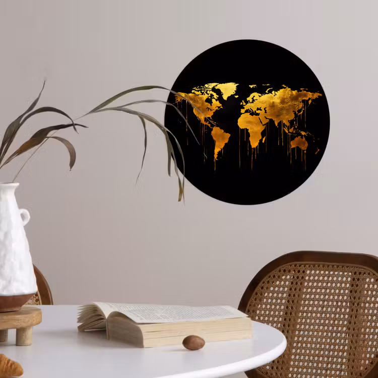 Wereldkaart - Goud - Druipen - Zwart Wandcirkel behangsticker klein -sfeer3