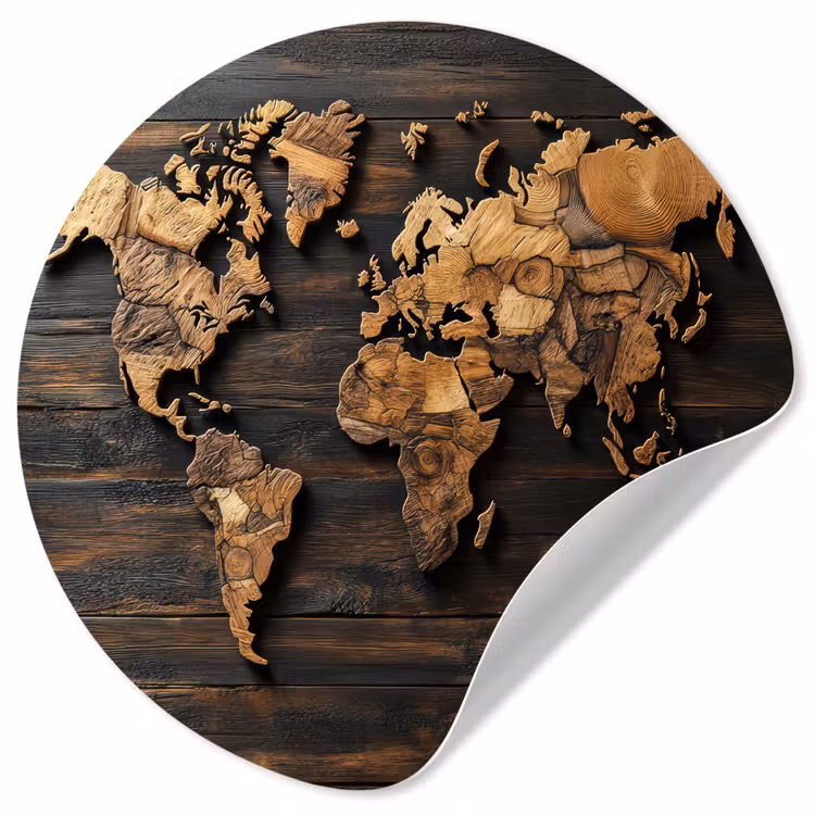 Wereldkaart -  Hout - Mozaïek Wandcirkel behangsticker klein -3d