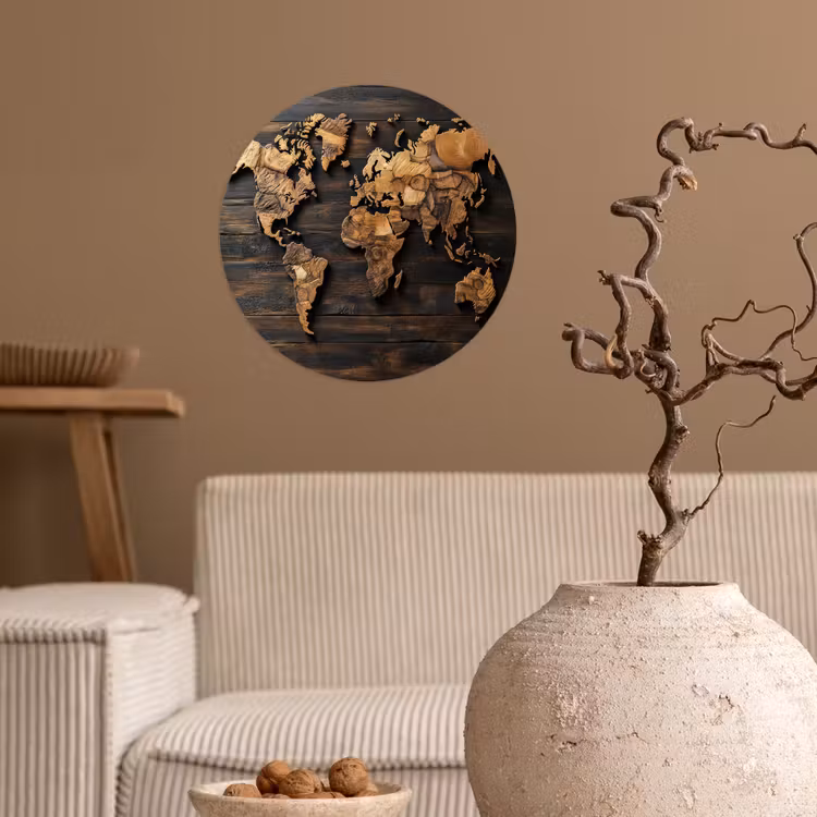 Wereldkaart -  Hout - Mozaïek Wandcirkel behangsticker klein -sfeer1