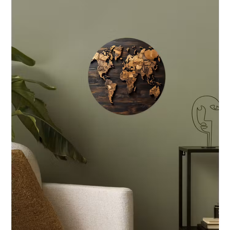 Wereldkaart -  Hout - Mozaïek Wandcirkel behangsticker klein -sfeer2