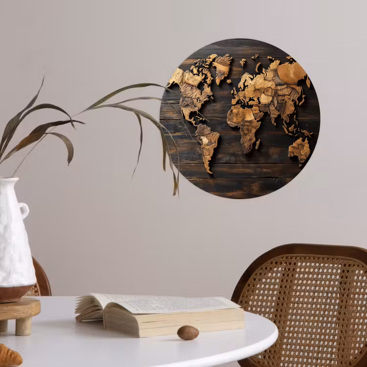 Wereldkaart -  Hout - Mozaïek Wandcirkel behangsticker klein -sfeer3