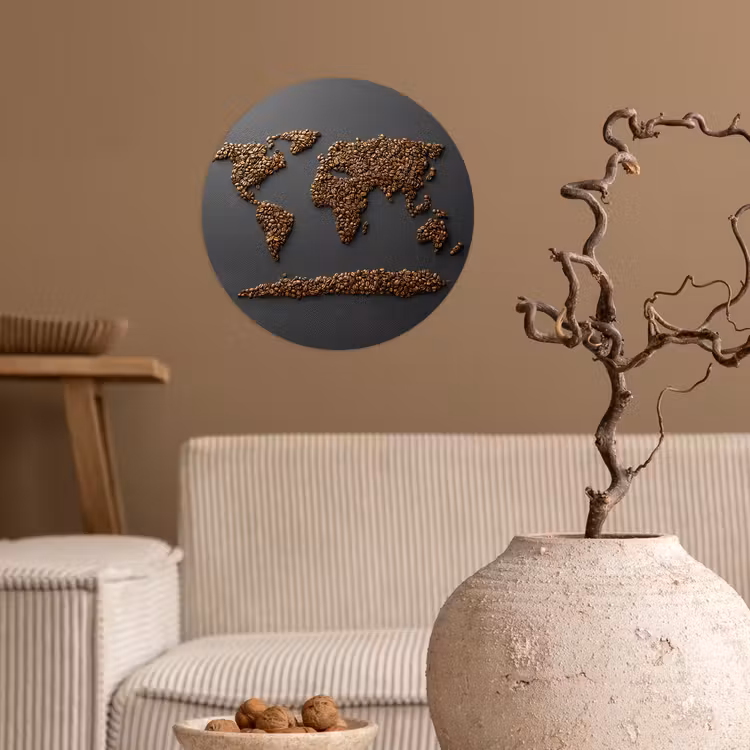Wereldkaart - Koffie - Grijs Wandcirkel behangsticker klein -sfeer1