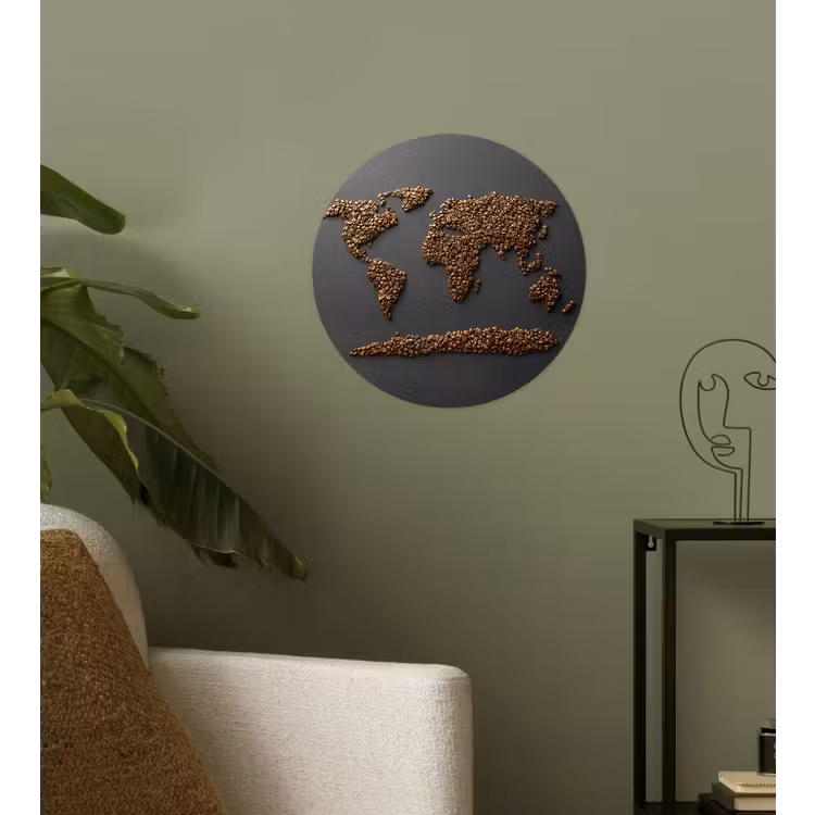 Wereldkaart - Koffie - Grijs Wandcirkel behangsticker klein -sfeer2