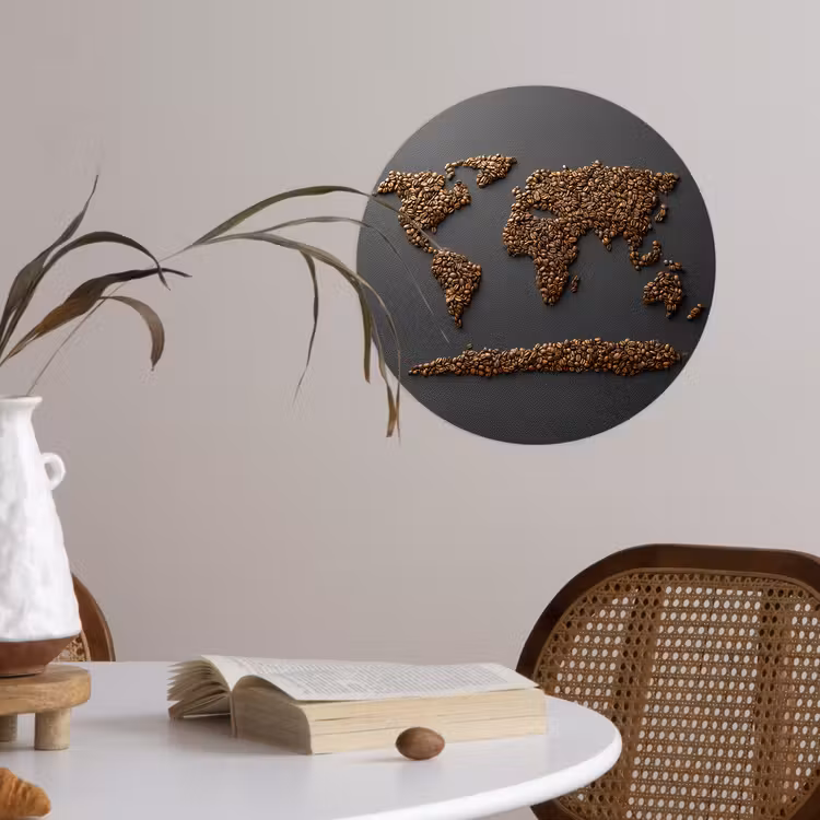 Wereldkaart - Koffie - Grijs Wandcirkel behangsticker klein -sfeer3