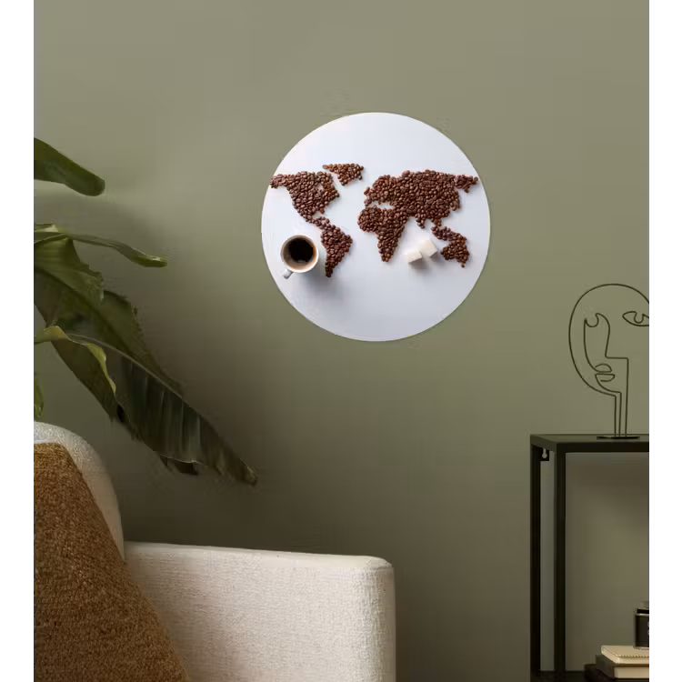 Wereldkaart - Koffiebonen - Suikerklontjes Wandcirkel behangsticker klein -sfeer2