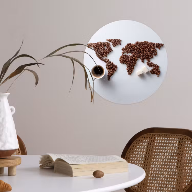 Wereldkaart - Koffiebonen - Suikerklontjes Wandcirkel behangsticker klein -sfeer3
