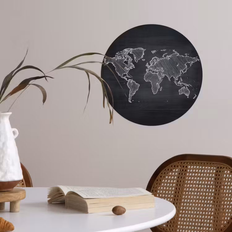 Wereldkaart - Krijt - Zwart - minimalistisch Wandcirkel behangsticker klein -sfeer3