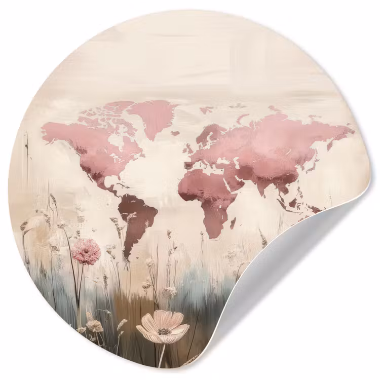 Wereldkaart - Roze - Bloemen Wandcirkel behangsticker klein -3d