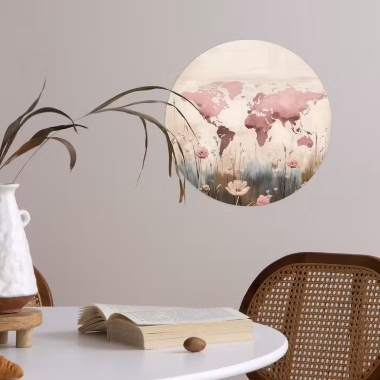 Wereldkaart - Roze - Bloemen Wandcirkel behangsticker klein -sfeer3