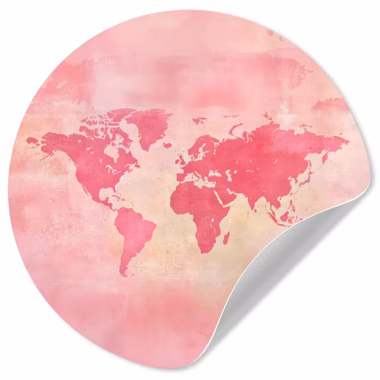 Wereldkaart - Roze - Vaag Wandcirkel behangsticker klein -3d